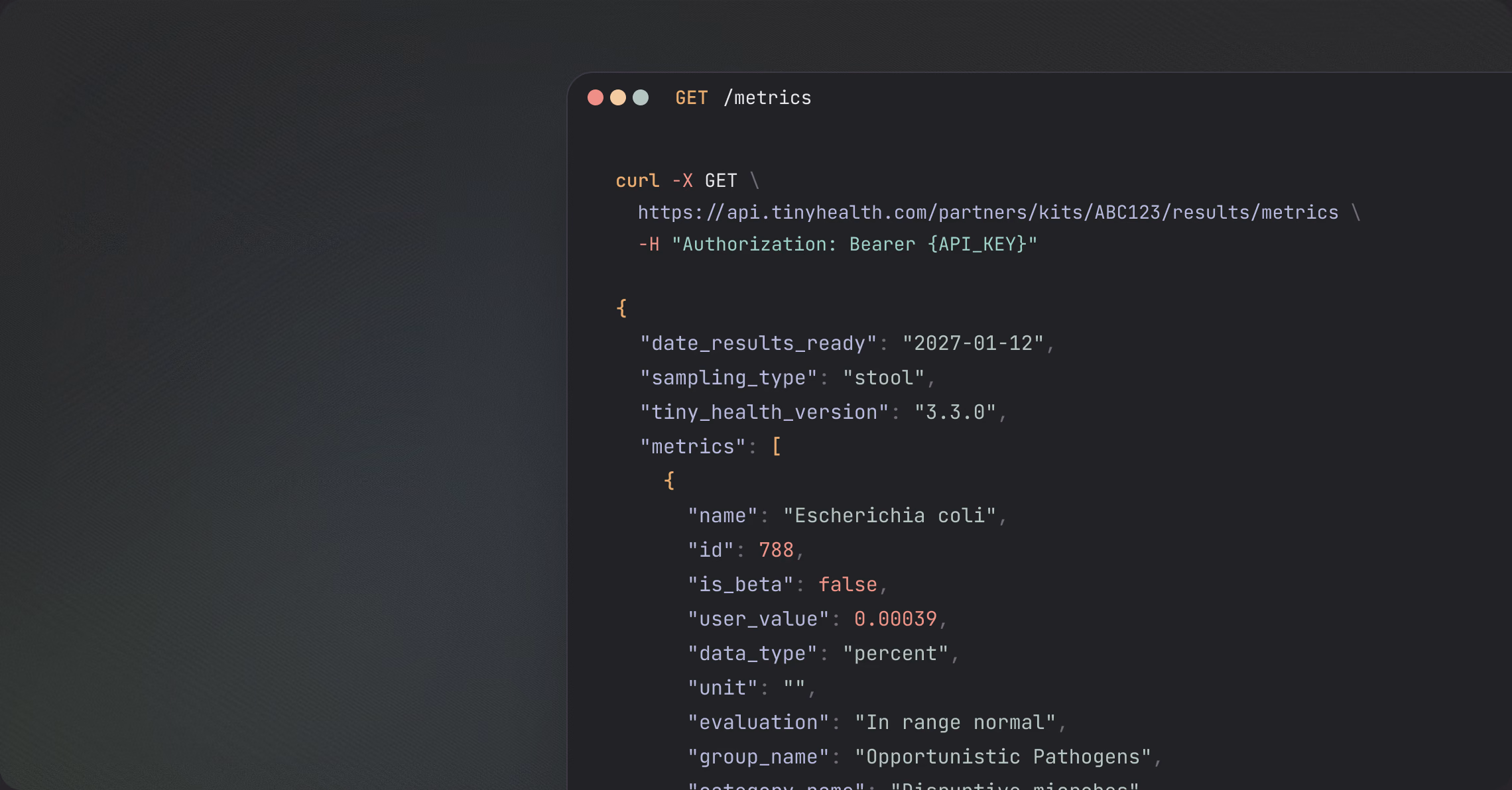 An API response listing a kit's results as JSON metrics