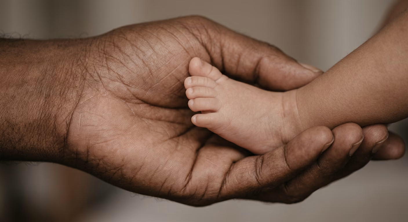 An adult hand holding a baby's foot